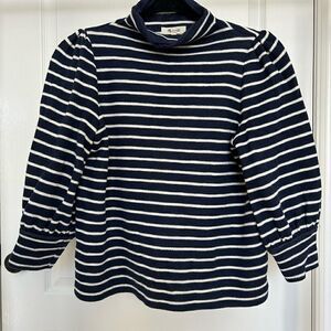 Madewell Blue/White Striped Cotton Mock Turtleneck Sweater with 3/4 Sleeved